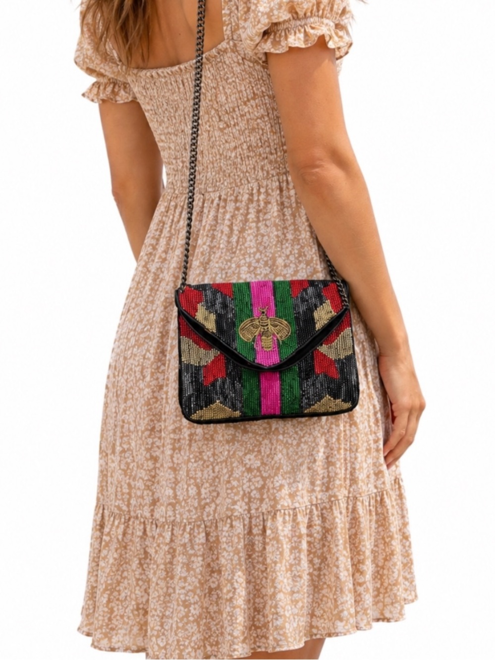 NWOT Pink & Green Camo Stripe Beaded Bee Envelope Clutch & Crossbody Bag
Y